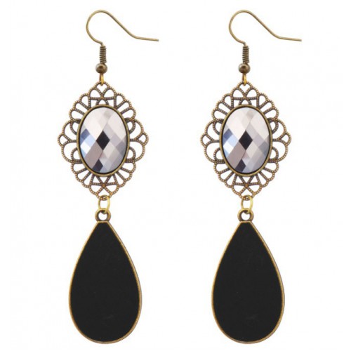 Сережки з чорною краплею та прозорим каменем у вінтажній оправі для гангстерської вечірки