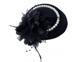 Шляпка-вуалетка Гетсбі «Black Pearl» – міні-шляпка з пір'ям, сіткою та перлами, чорна