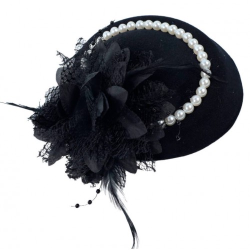 Шляпка-вуалетка Гетсбі «Black Pearl» – міні-шляпка з пір'ям, сіткою та перлами, чорна