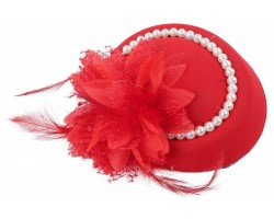 Шляпка-вуалетка Гетсбі «Red Ruby» – міні-шляпка з пір'ям і перлами, червона