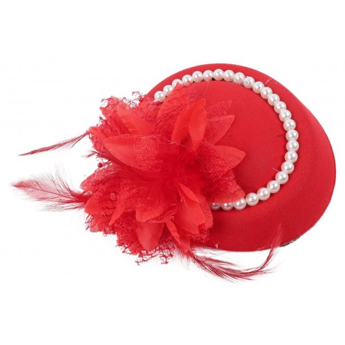 Шляпка-вуалетка Гетсбі «Red Ruby» – міні-шляпка з пір'ям і перлами, червона