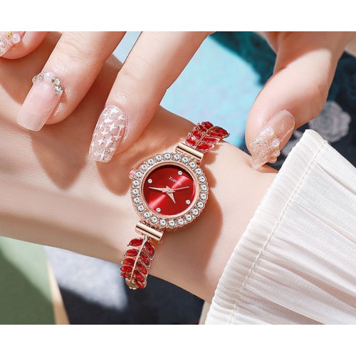 Жіночий годинник-браслет «Червоний Лист» з кристалами — кварцовий наручний годинник з регульованим ремінцем Жіночий годинник-браслет «Червоний Лист» з кристалами — кварцовий наручний годинник з регульованим ремінцем