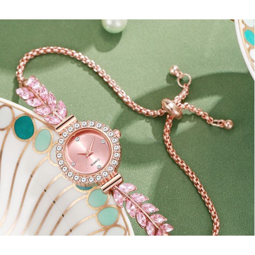 Жіночий годинник браслет Рожевий діамант лист — кварцовий наручний годинник з каменями та регульованим браслетом Жіночий годинник браслет Рожевий діамант лист — кварцовий наручний годинник з каменями та регульованим браслетом