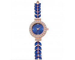 Жіночий годинник браслет з камінням Листя та стразами, сапфірово-синій