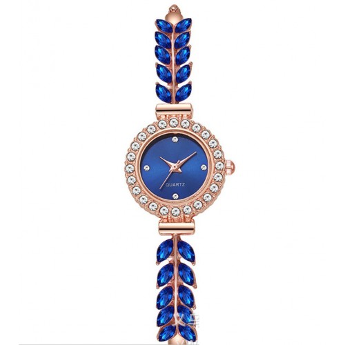 Жіночий годинник браслет з камінням Листя та стразами, сапфірово-синій