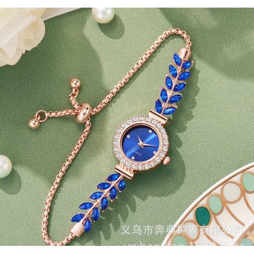 Жіночий годинник браслет з камінням Листя та стразами, сапфірово-синій