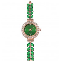 Жіночий браслет-годинник з камінням Листя та стразами, смарагдово-зелений
