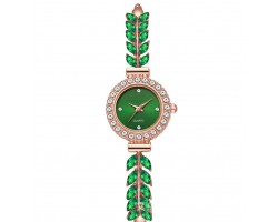 Жіночий браслет-годинник з камінням Листя та стразами, смарагдово-зелений