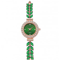 Жіночий браслет-годинник з камінням Листя та стразами, смарагдово-зелений