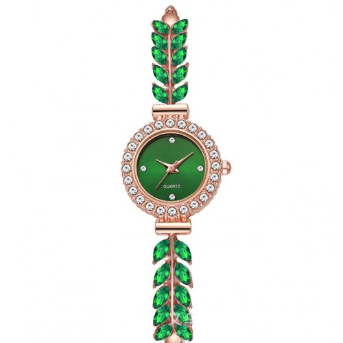 Жіночий годинник браслет з камінням Листя та стразами, смарагдово-зелений