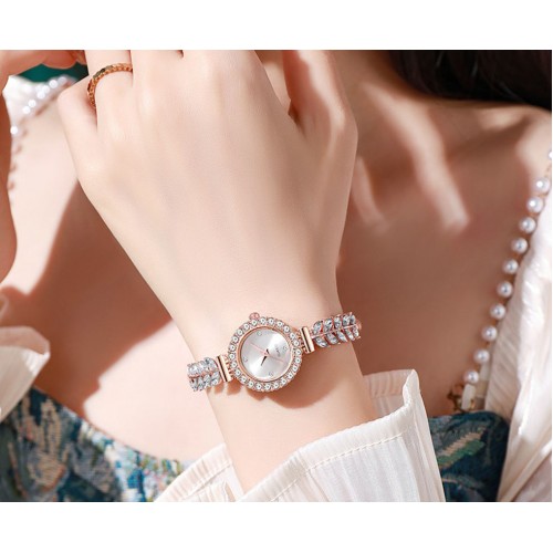 Жіночий годинник-браслет з кристалами та листочками, кварцовий, білий