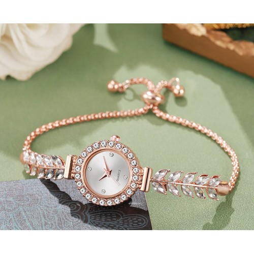 Жіночий годинник-браслет з кристалами та листочками, кварцовий, білий