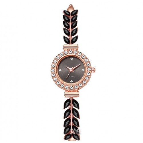 Жіночий наручний годинник з кристалами і листочками «Нічна елегантність», чорний, регульований браслет