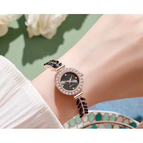 Жіночий наручний годинник з кристалами і листочками «Нічна елегантність», чорний, регульований браслет Жіночий наручний годинник з кристалами і листочками «Нічна елегантність», чорний, регульований браслет