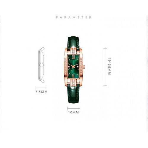 Жіночий наручний годинник із зеленим ремінцем і прямокутним циферблатом зі стразами, кварцовий