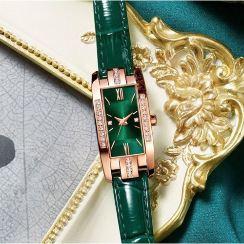 Жіночий наручний годинник із зеленим ремінцем і прямокутним циферблатом зі стразами, кварцовий
