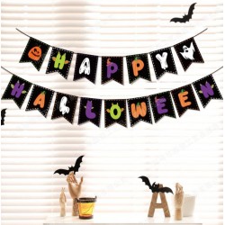 Гірлянда-розтяжка «HAPPY HALLOWEEN» — паперові прапорці, чорні «ластівчині хвости», 2 ряди