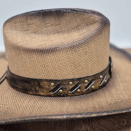 Ковбойская шляпа Texas Bull из соломы с бронзовым декором и тисненым ремнем, универсальный размер 58–59 см