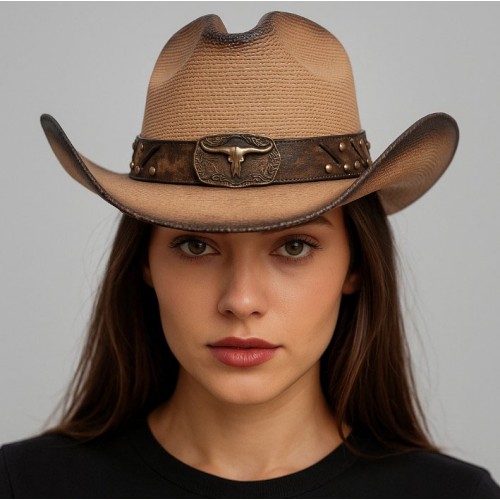 Ковбойская шляпа Texas Bull из соломы с бронзовым декором и тисненым ремнем, универсальный размер 58–59 см