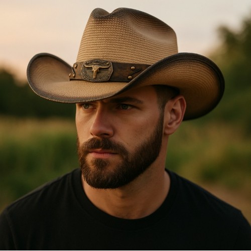 Ковбойская шляпа Texas Bull из соломы с бронзовым декором и тисненым ремнем, универсальный размер 58–59 см