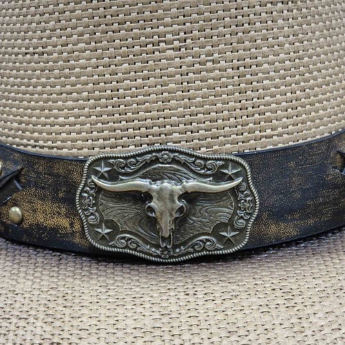 Ковбойская шляпа Texas Bull из соломы с бронзовым декором и тисненым ремнем, универсальный размер 58–59 см
