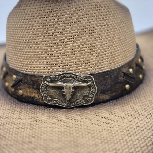 Ковбойская шляпа Texas Bull из соломы с бронзовым декором и тисненым ремнем, универсальный размер 58–59 см
