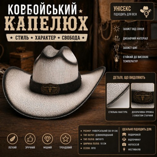 Ковбойская шляпа в стиле вестерн, белая, размер 56–58