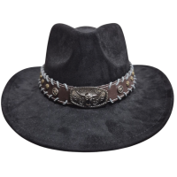 Ковбойський капелюх чорного кольору з великою пряжкою «голова бика» — стиль Дикого Заходу
