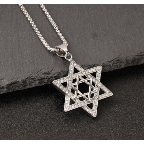 Кулон Зірка Давида подвійна з камінням сріблястий ланцюжок 55×36 мм підвіска