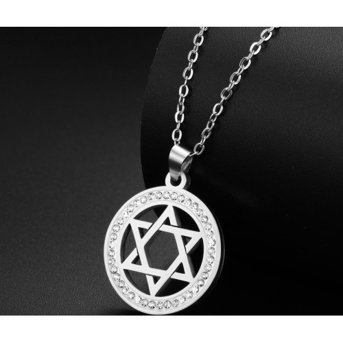 Кулон Зірка Давида круглий з камінням сріблястий з ланцюжком