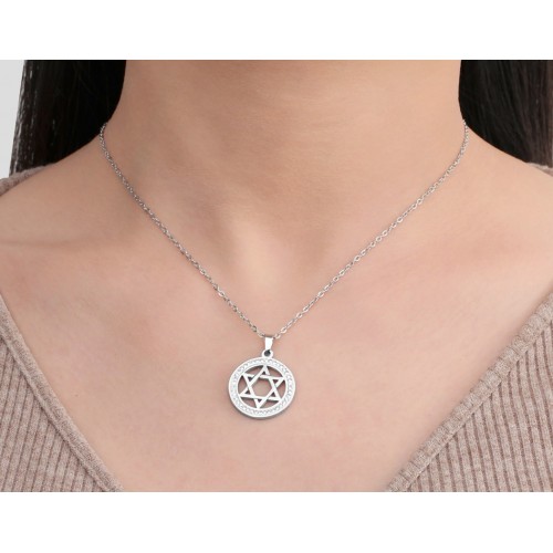 Кулон Зірка Давида круглий з камінням сріблястий з ланцюжком