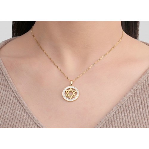 Кулон Зірка Давида круглий з камінням золотий з ланцюжком