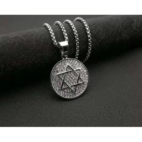 Кулон Зірка Давида круглий сріблястий з камінням підвіска 47×33 мм