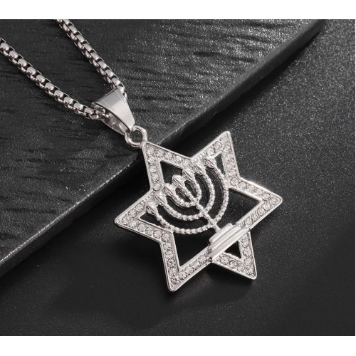 Кулон Зірка Давида з менорою сріблястий ланцюжок 55×35 мм підвіска