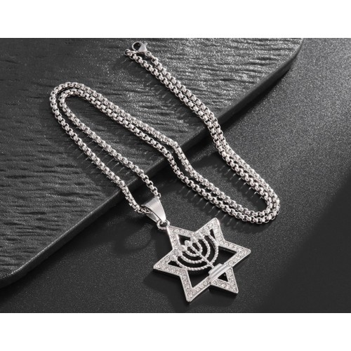 Кулон Зірка Давида з менорою сріблястий ланцюжок 55×35 мм підвіска