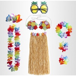 Набор гавайский для вечеринки с юбкой 60 см., цветочным топом и аксессуарами (7 предметов, универсальный размер)