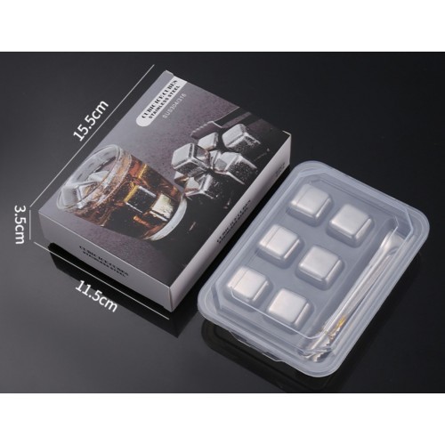 Камені для віскі з нержавіючої сталі 304 срібні набір 6 штук з щипцями