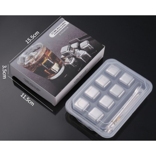 Камені для віскі з нержавіючої сталі 304 срібні набір 8 штук з щипцями