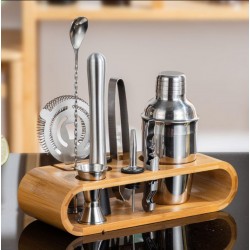 Набір бармена 10-в-1 з бамбуковою підставкою, шейкер 350 мл (нержавіюча сталь)