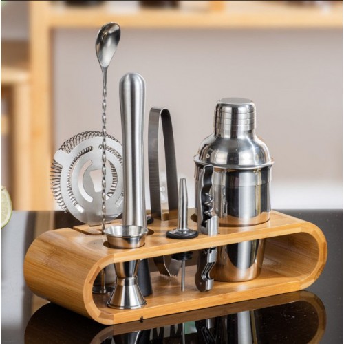 Набір бармена 10-в-1 з бамбуковою підставкою, шейкер 350 мл (нержавіюча сталь)