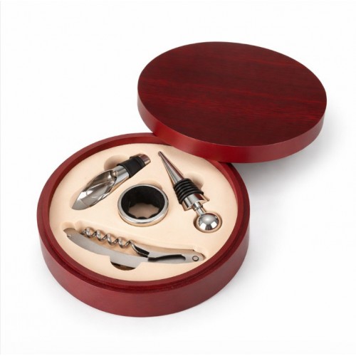 Набор для вина 4 в 1 в круглой коробке из красного дерева, диаметр 16 см