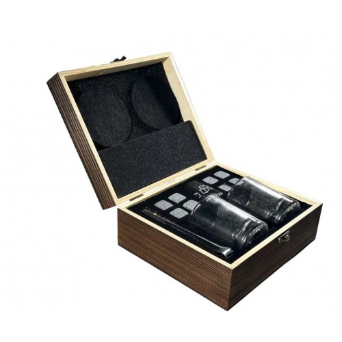 Набір для віскі з каменями в дерев'яній коробці — 8 каменів + 2 склянки