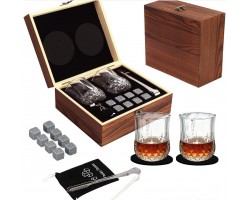 Набір для віскі з камінням у дерев'яній коробці — грановані склянки + 8 каменів