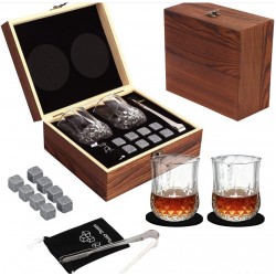 Набор для виски с камнями в деревянной коробке — гранёные стаканы + 8 камней Набор для виски с камнями в деревянной коробке — гранёные стаканы + 8 камней