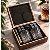 Набір для віскі з каменями в дерев'яній коробці — кришталеві склянки + 8 каменів