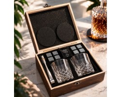 Набір для віскі з каменями в дерев'яній коробці — кришталеві склянки + 8 каменів