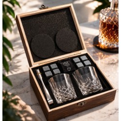Набір для віскі з каменями в дерев'яній коробці — кришталеві склянки + 8 каменів