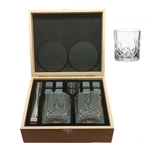 Набір для віскі з камінням у дерев'яній коробці — кришталеві склянки + 8 каменів