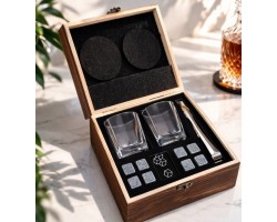 Набір для віскі з каменями в дерев'яній коробці — квадратні склянки + 8 каменів