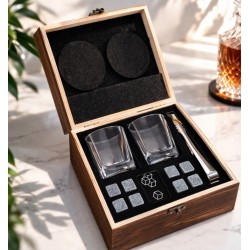 Набор для виски с камнями в деревянной коробке — квадратные стаканы + 8 камней Набор для виски с камнями в деревянной коробке — квадратные стаканы + 8 камней